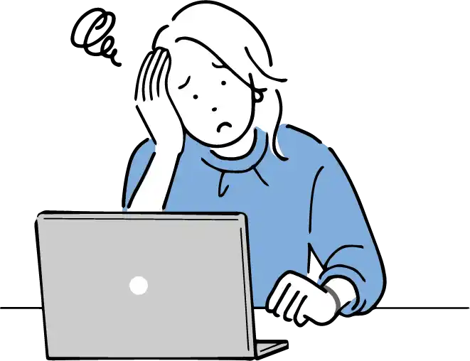 パソコンの前で悩む女性のイラスト