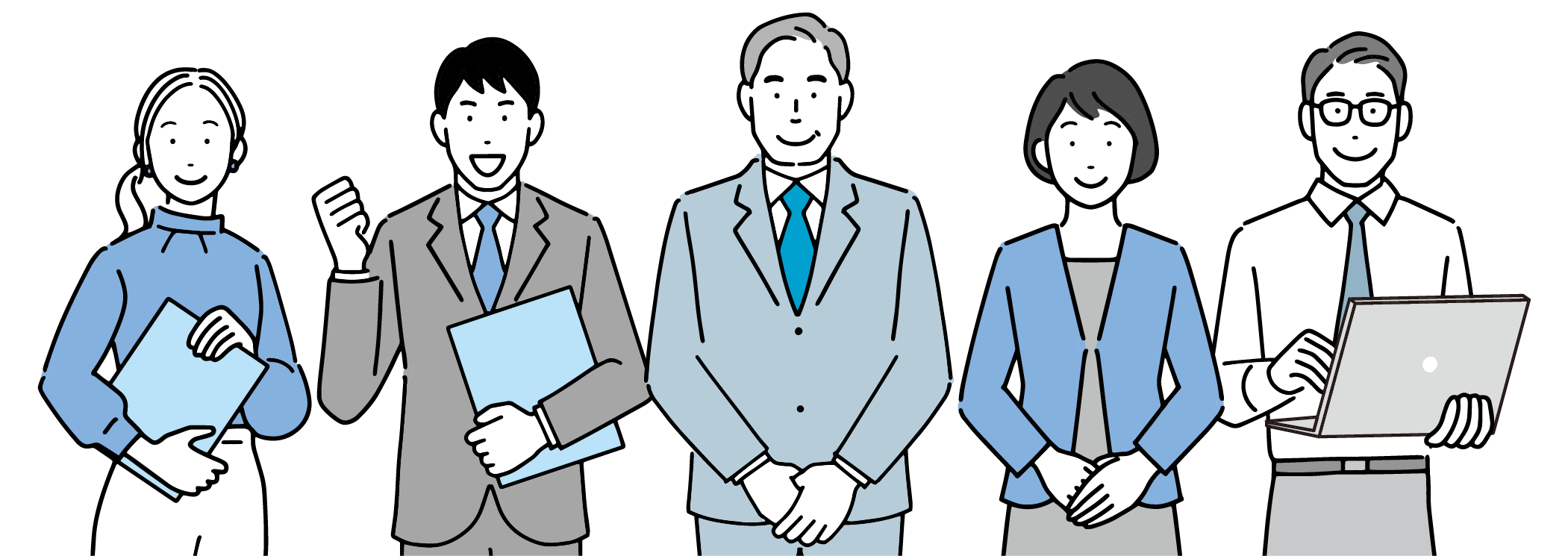 笑顔で並ぶスタッフ5人のイラスト